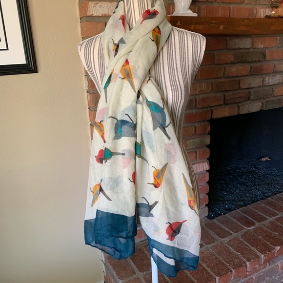 Anthropologie Accessories - Anthropologie Ivory Blue Bird Scarf